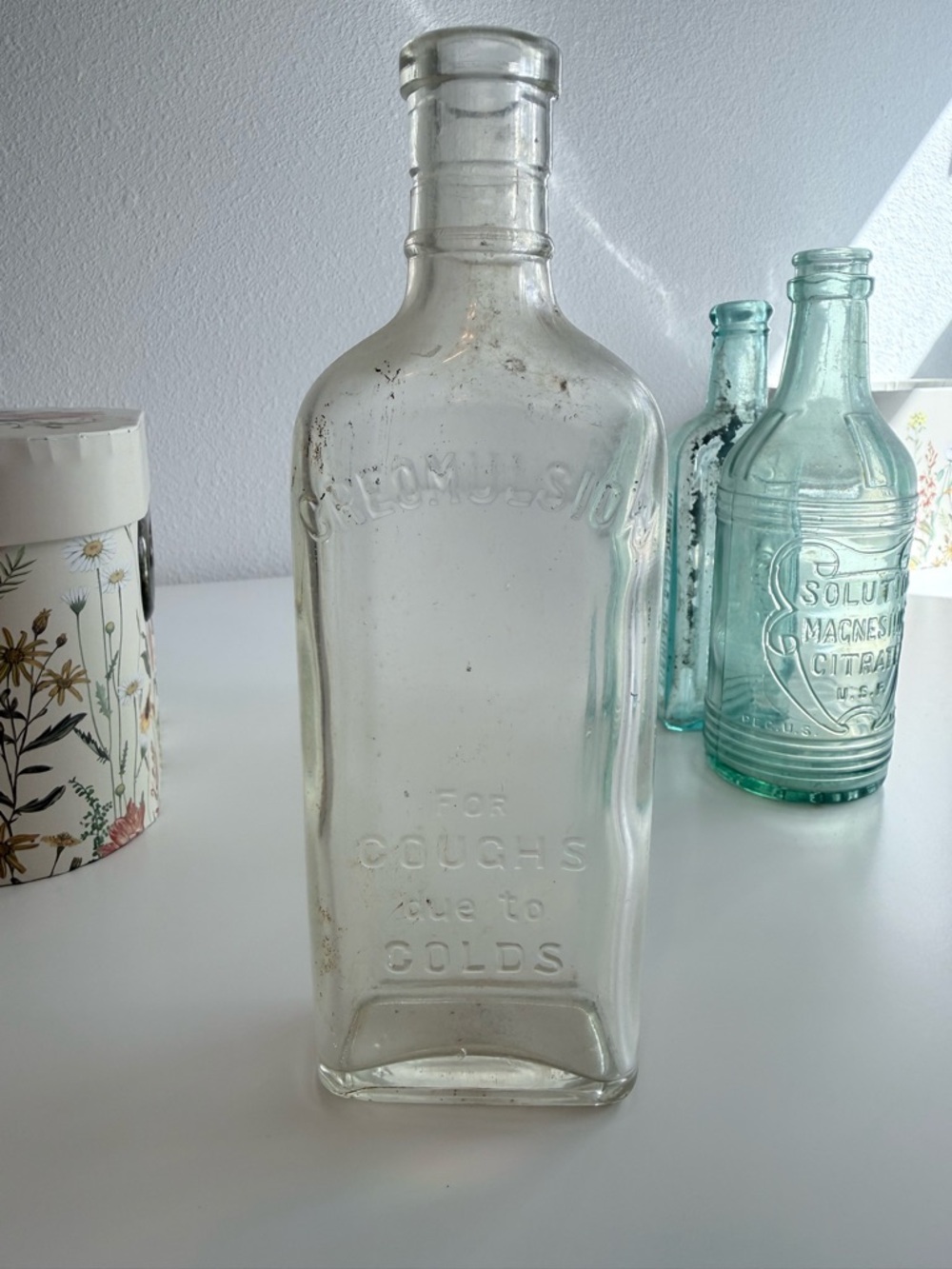 🐣5/$25-Antique Embossed Clear Glass Medicine Bottle - 'For Coughs'
